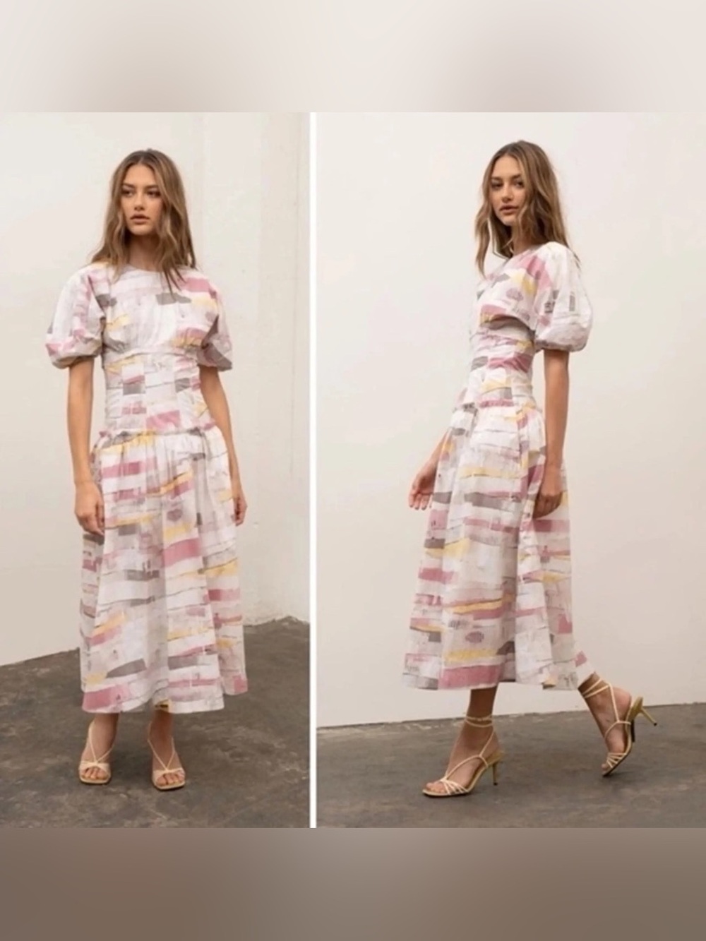 Moon River | Puff-Sleeve Midi Dress in Pastel Pink and Cream